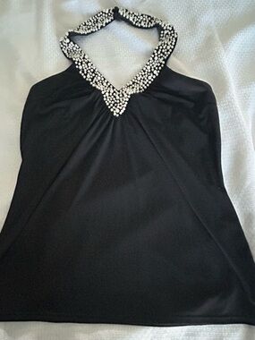 Spense Vintage Black Halter Camisole with Pearl-Trim V-Neck